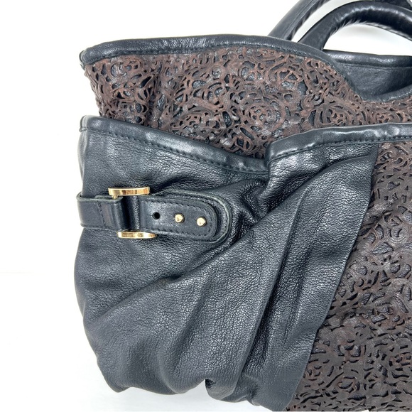 CC SKYE USA Black w Brown Cutout Laser Cut Leather Oversized Shoulder Bag Tote - Picture 3 of 14